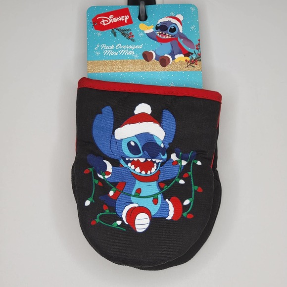 Disney Santa STITCH Christmas Holiday 2 Pack Kitchen Cooking Oven Mini Mitts New - Picture 1 of 8